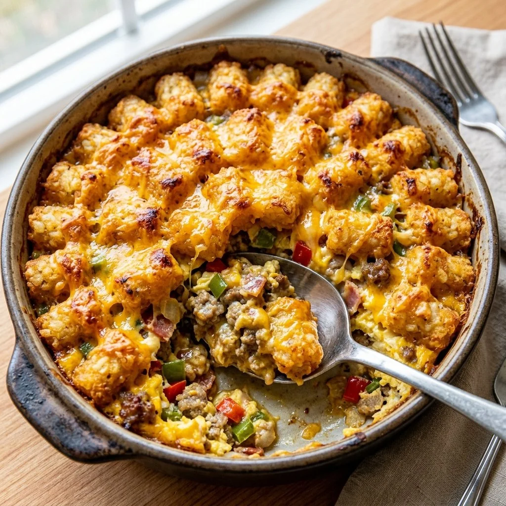 Delicious Tater Tot Breakfast Casserole served in a baking dish