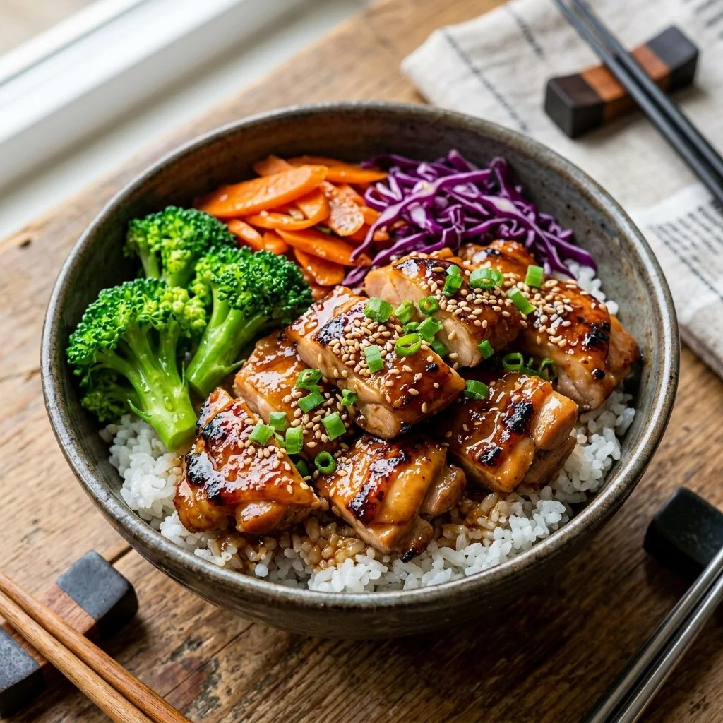 Delicious teriyaki chicken bowl with rice and vegetables