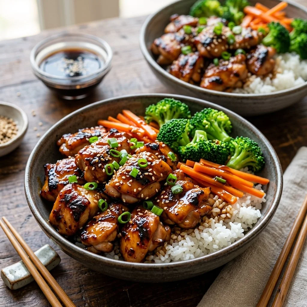 Delicious Teriyaki Chicken Bowl garnished with vegetables and sesame seeds