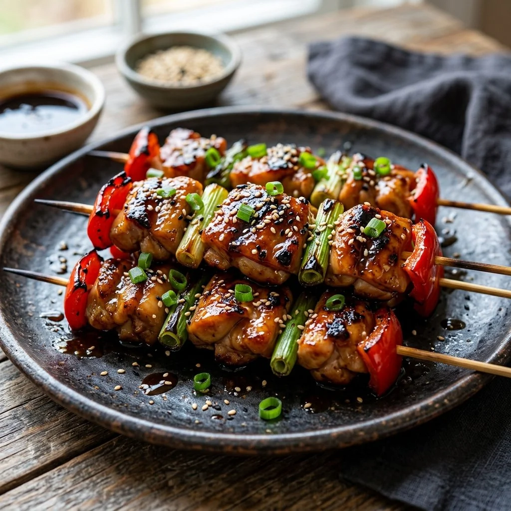 Grilled teriyaki chicken skewers served on a plate with vegetables