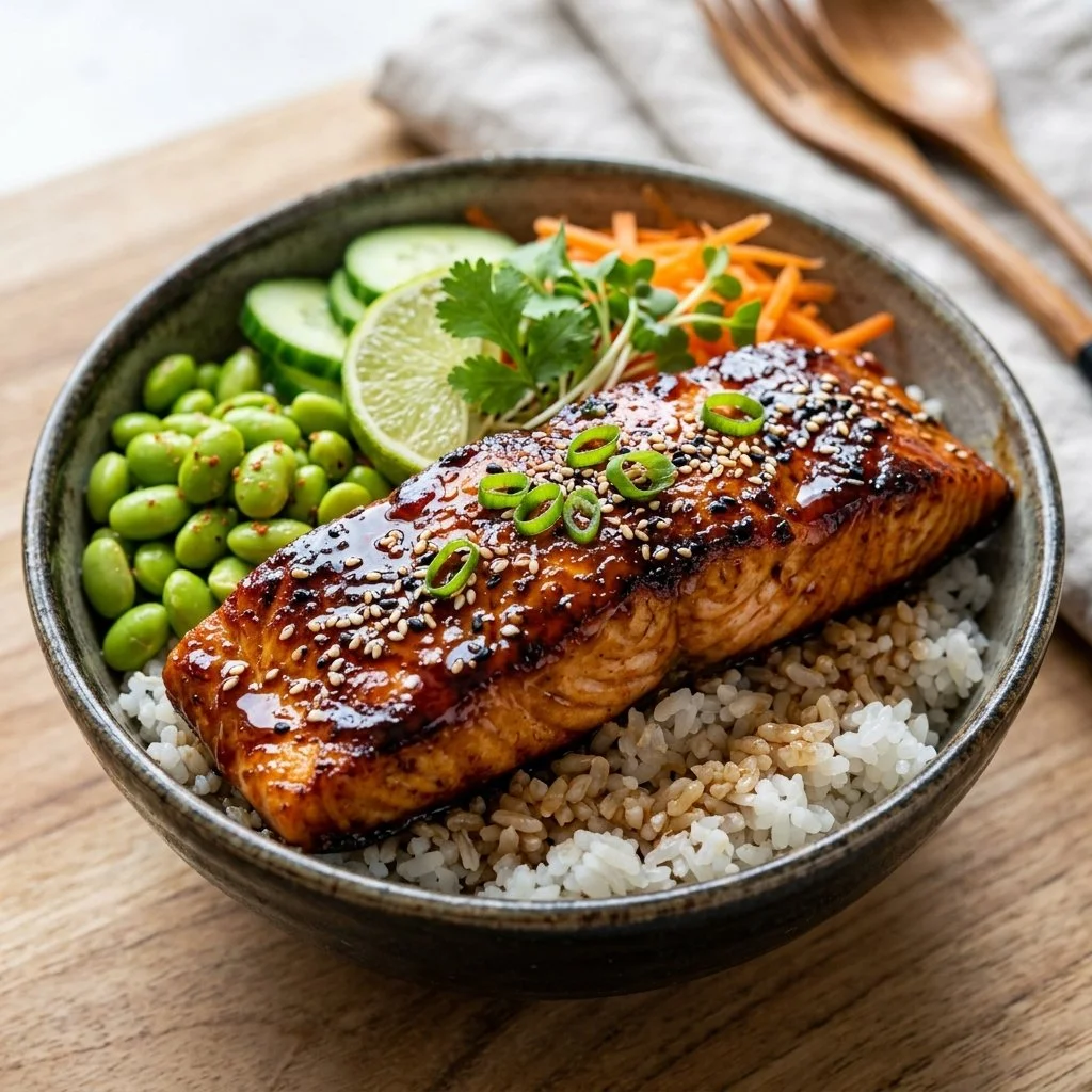 Delicious teriyaki salmon bowl with rice and fresh vegetables