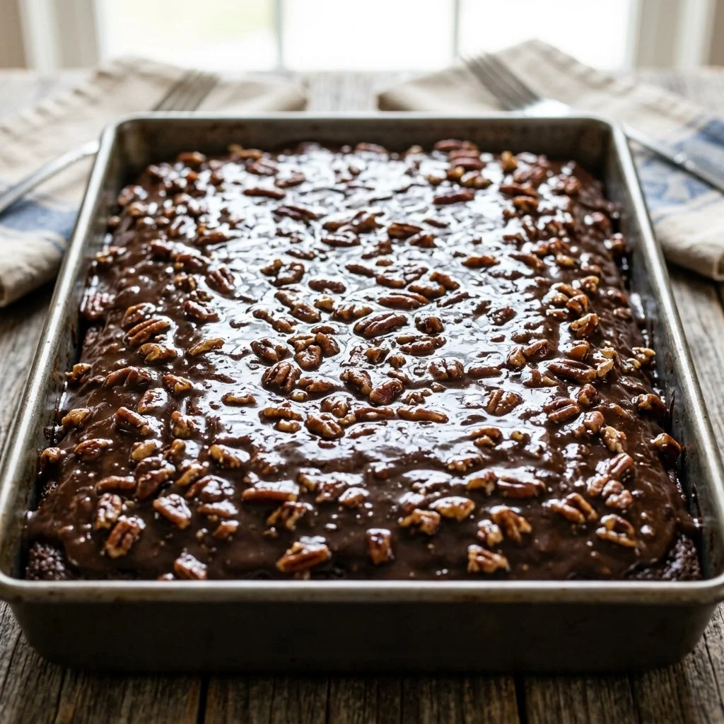 Deliciously moist Texas Sheet Cake topped with chocolate frosting.