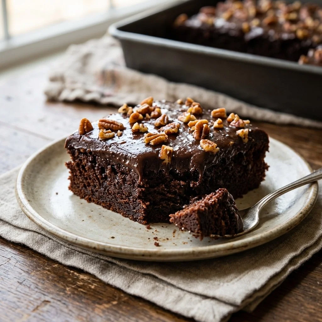 Delicious homemade Texas Sheet Cake served on a platter.