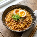 A bowl of TikTok Ramen featuring noodles, toppings, and a flavorful broth.