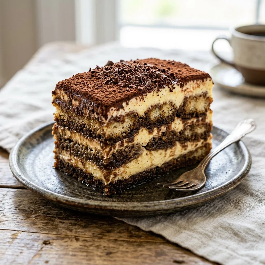 Delicious Tiramisu Layer Cake with layers of coffee-soaked cake and creamy filling