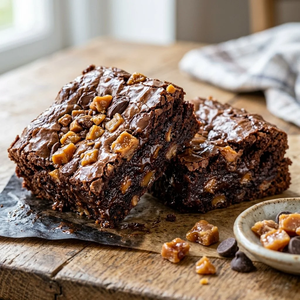 Delicious toffee crunch brownies topped with toffee bits and chocolate drizzle