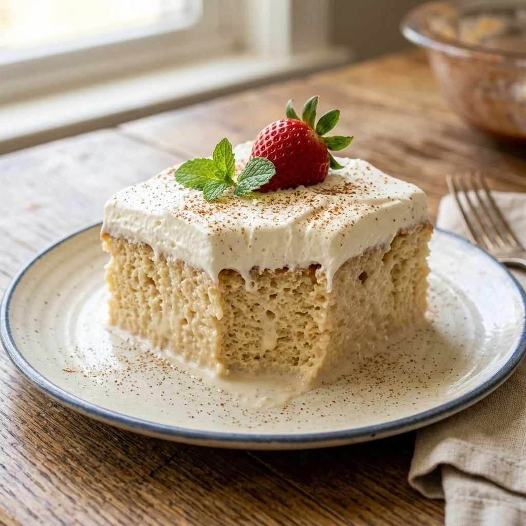 Delicious homemade Tres Leches Cake topped with whipped cream and berries