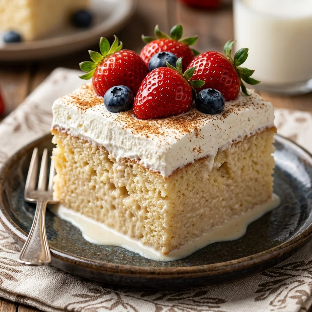 Delicious slice of Tres Leches Cake with creamy milk layers and fresh toppings