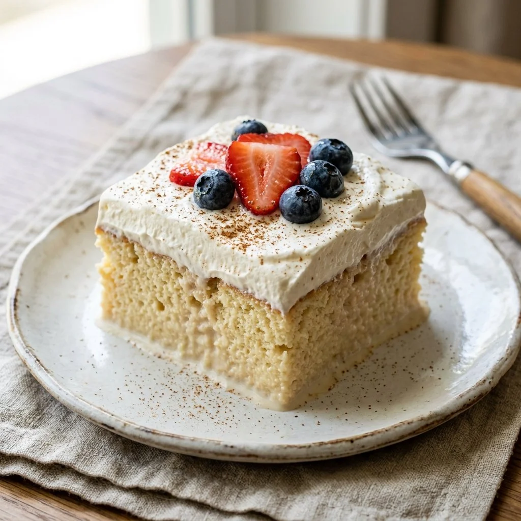 Delicious Tres Leches Cake topped with cream and fruit