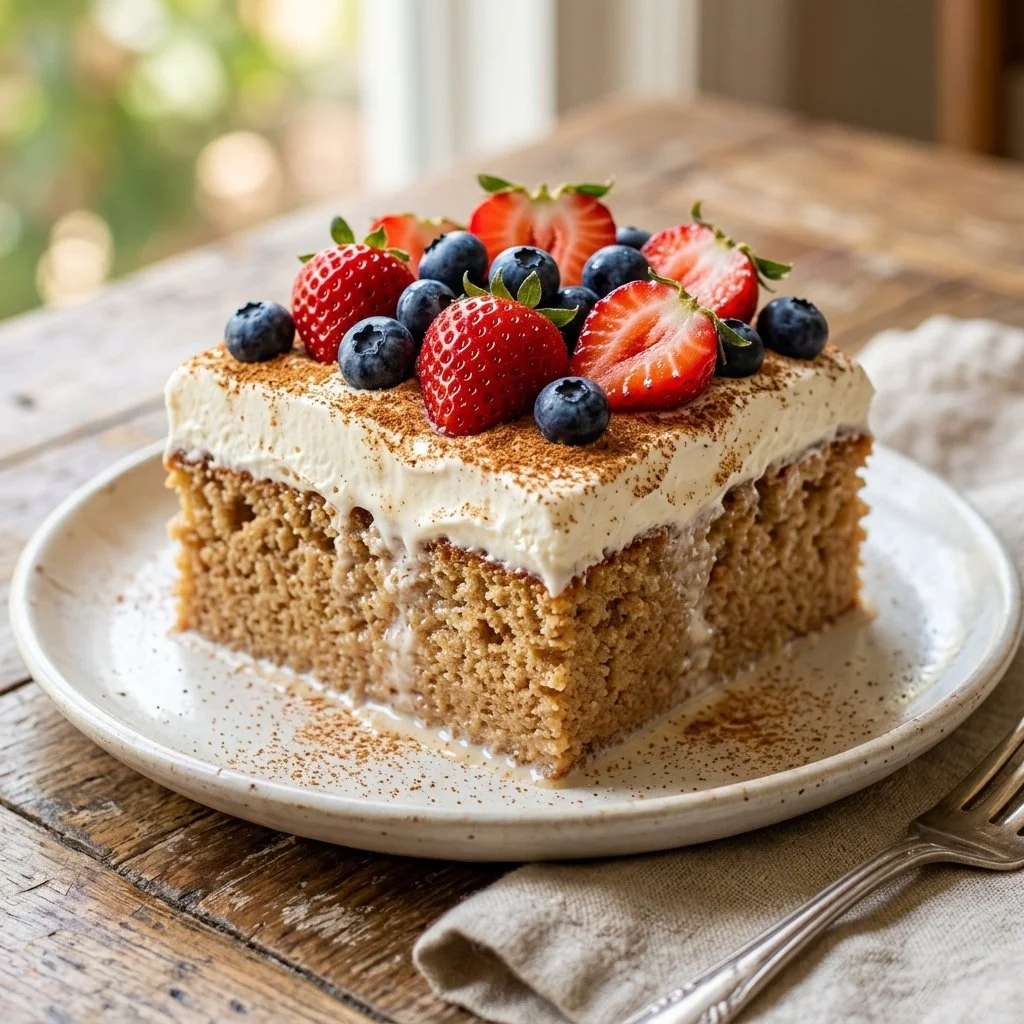 Delicious Tres Leches Cake topped with whipped cream and strawberries