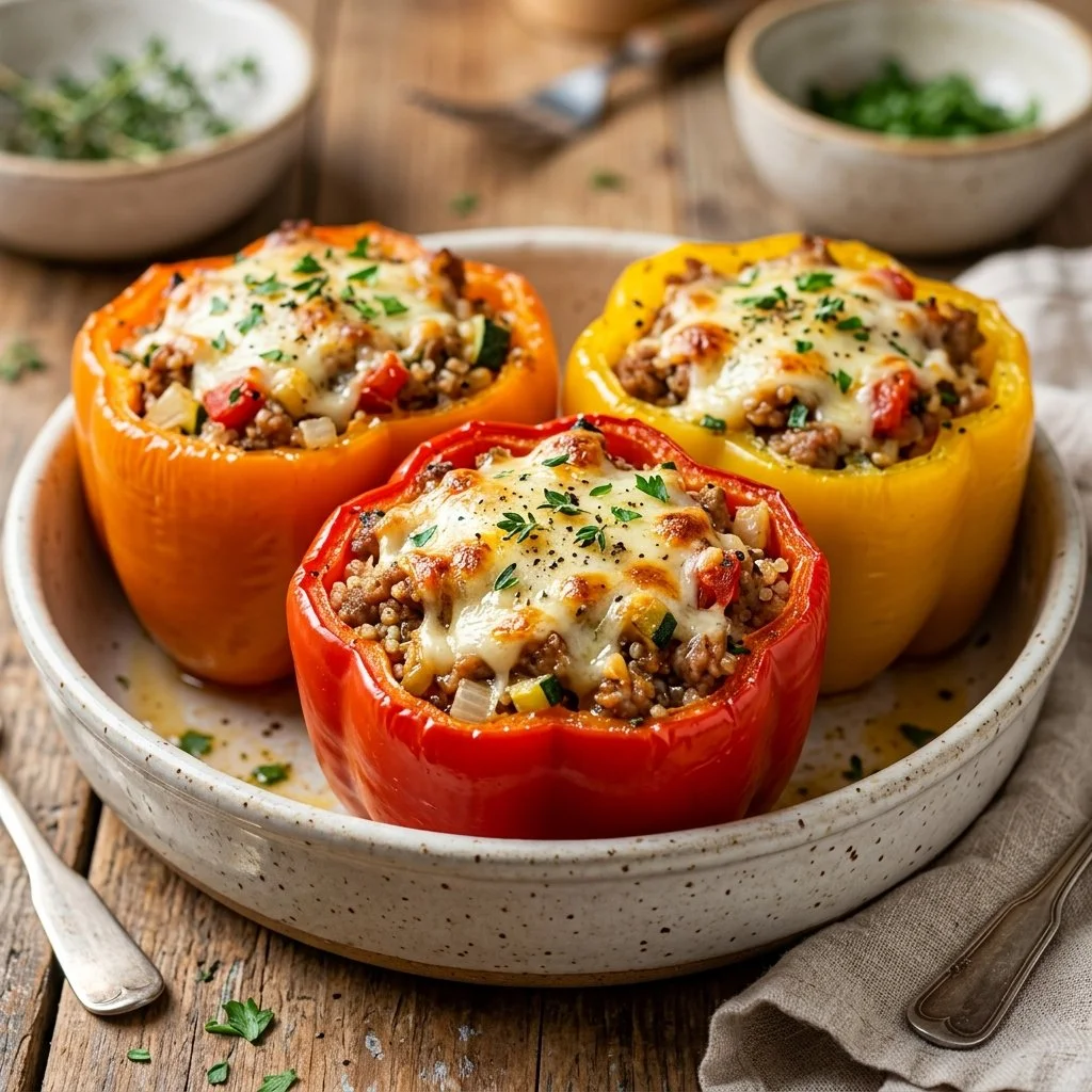Turkey stuffed peppers filled with lean meat, rice, and vegetables.