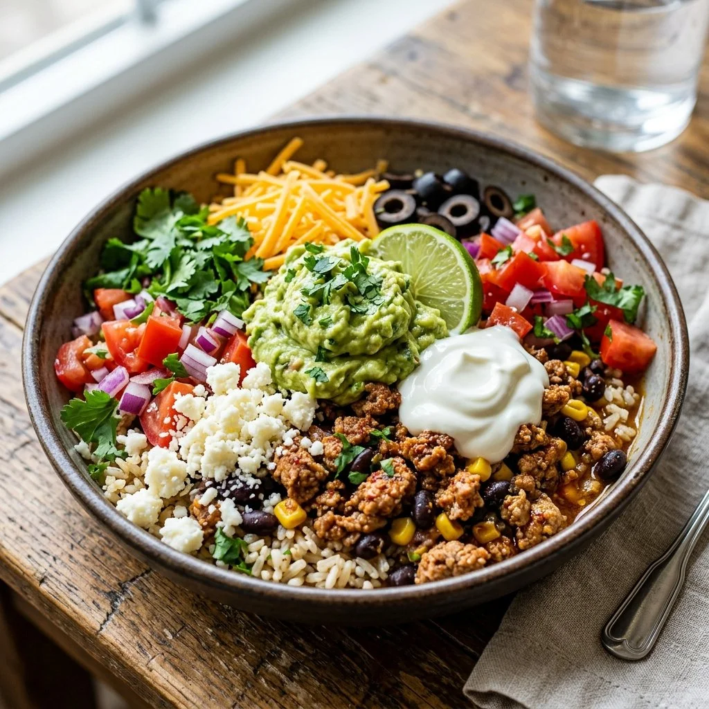 Healthy Turkey Taco Bowls with fresh ingredients and spices