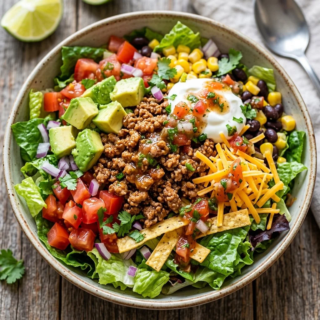 Delicious Turkey Taco Salad topped with fresh ingredients and spices