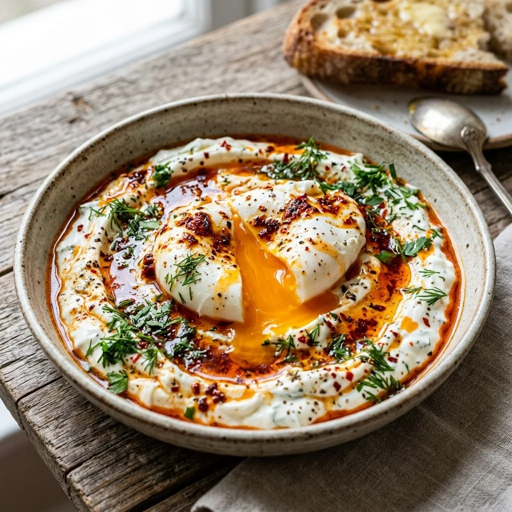A delicious plate of Turkish Eggs with poached eggs, yogurt, and spices.