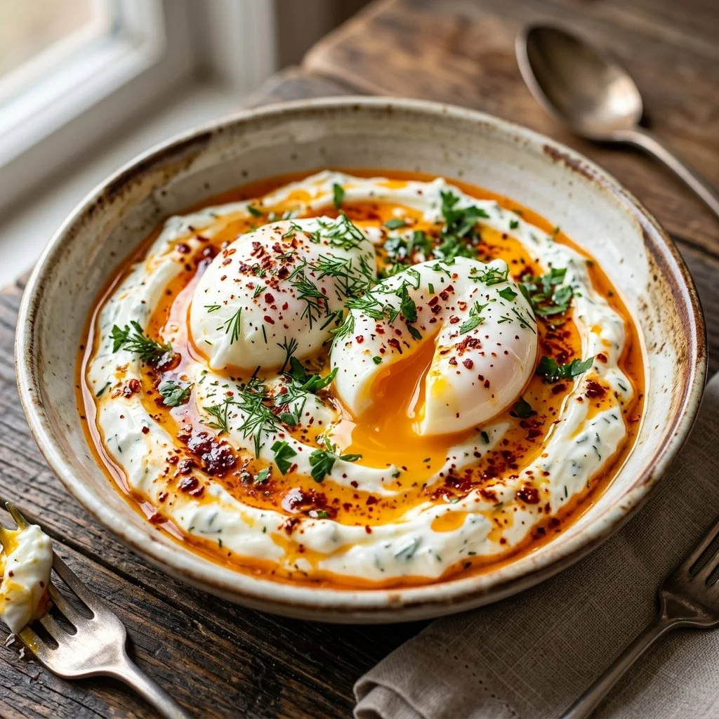 Delicious Turkish Eggs Cilbir served with yogurt and herbs