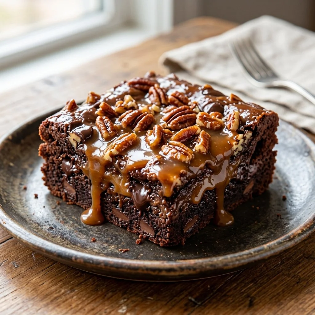 Delicious turtle brownies topped with caramel, nuts, and chocolate drizzle