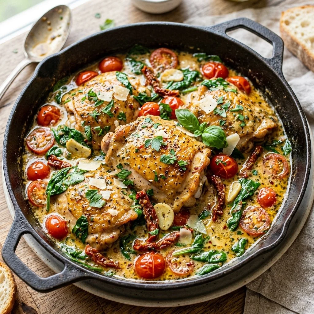 Delicious Tuscan Butter Chicken served on a plate with herbs and spices.