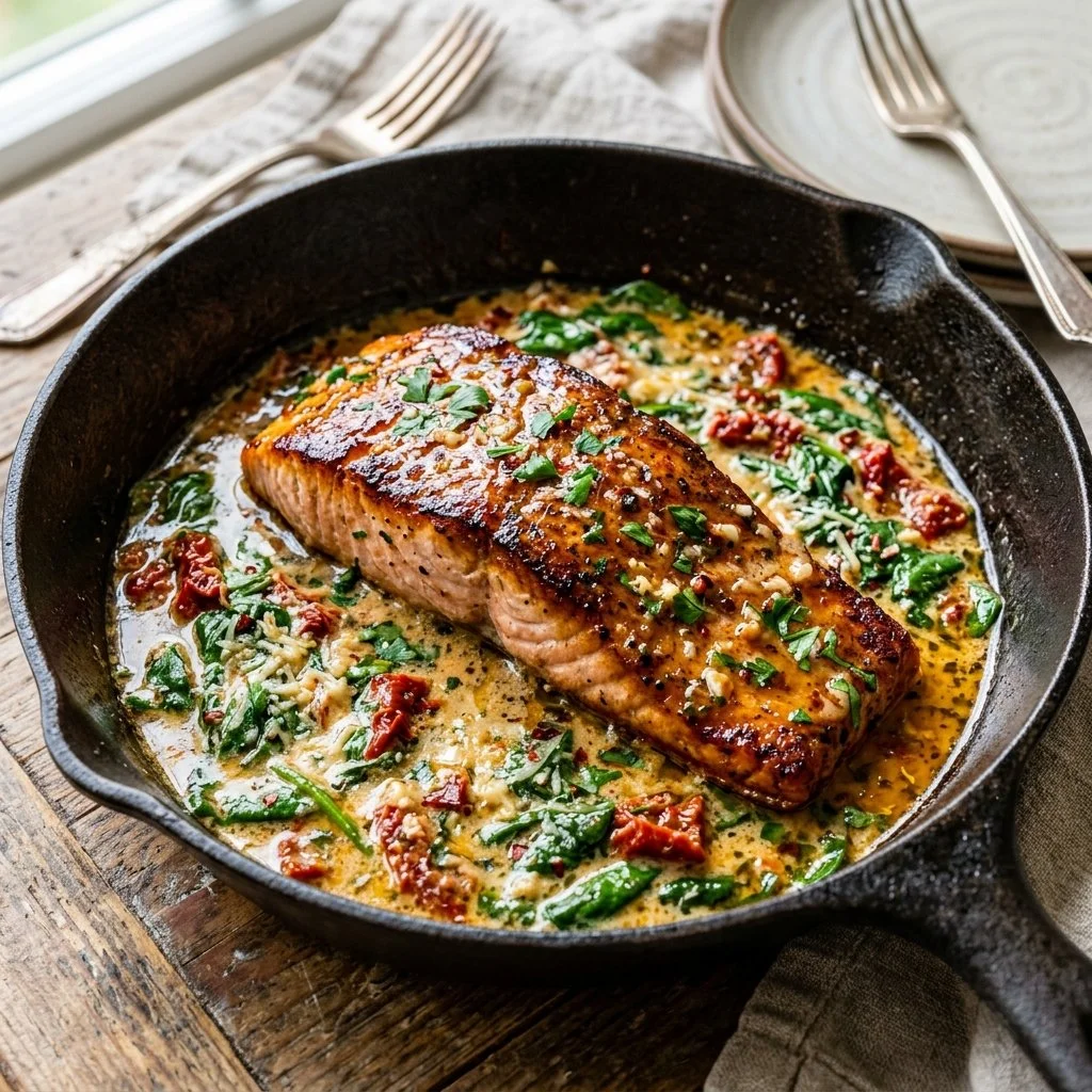 Delicious Tuscan Butter Salmon garnished with herbs and served on a plate