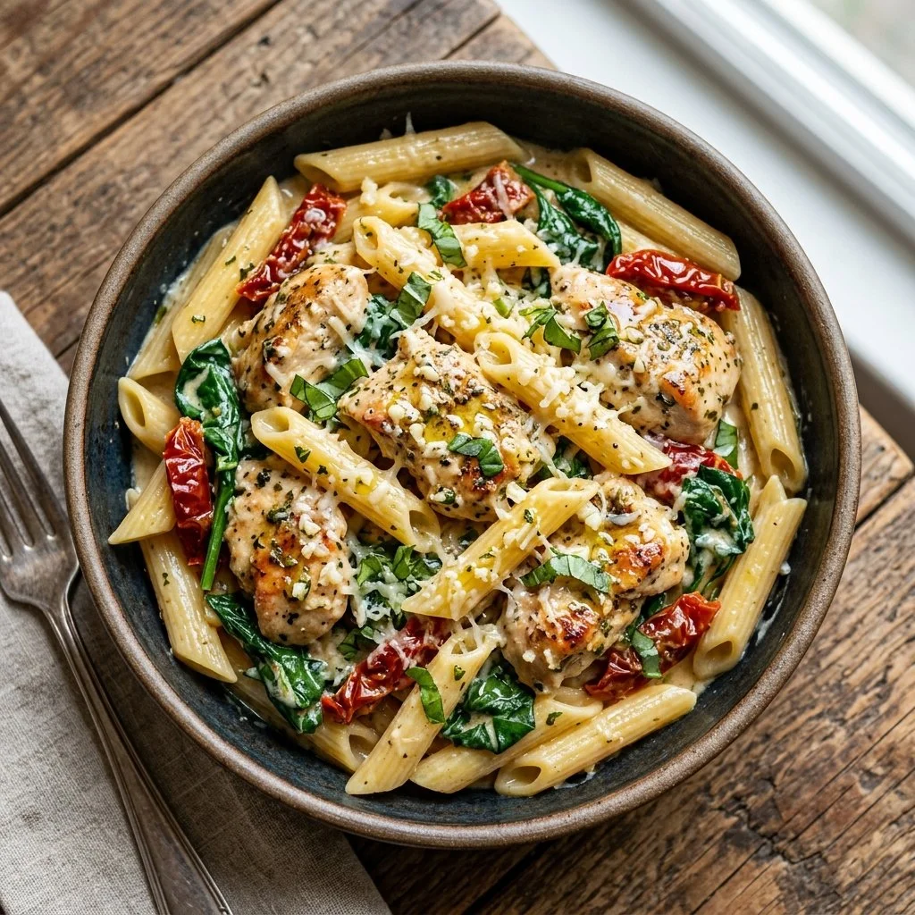 Delicious plate of Tuscan Chicken Pasta with vibrant vegetables and creamy sauce