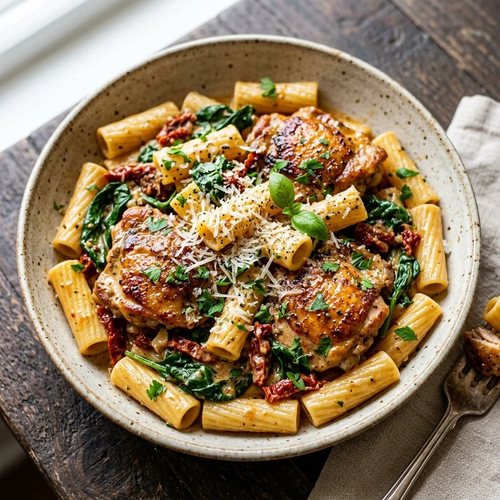 Delicious Tuscan Chicken Pasta with chicken, veggies, and creamy sauce