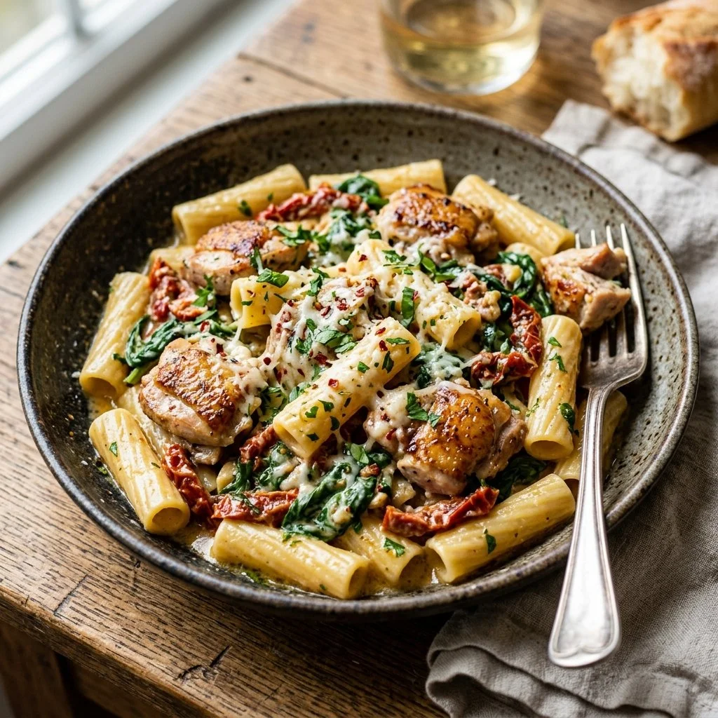 Delicious plate of Tuscan Chicken Pasta with chicken, spinach, and sun-dried tomatoes