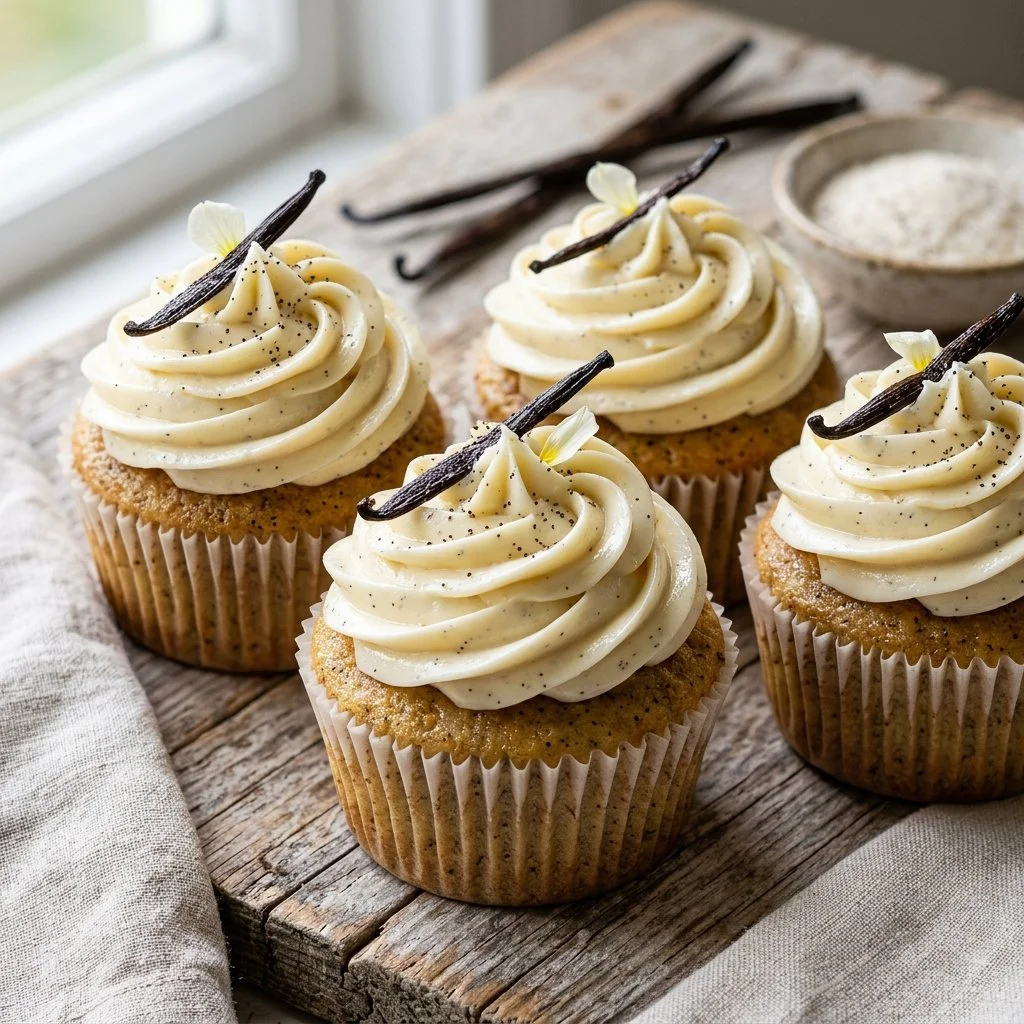 Close-up of delicious vanilla bean cupcakes with creamy frosting.