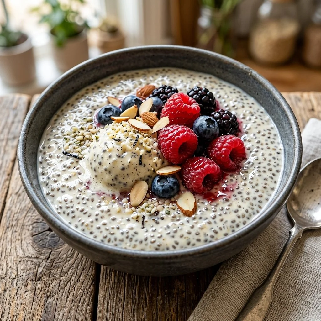 Creamy vanilla chia seed pudding topped with fruits and nuts