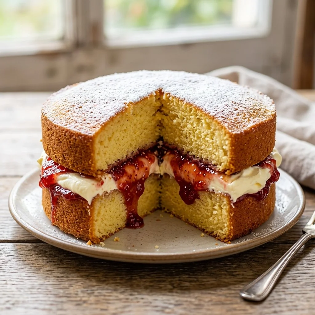 Delicious Victoria Sponge Cake with raspberry jam and cream filling on a plate.