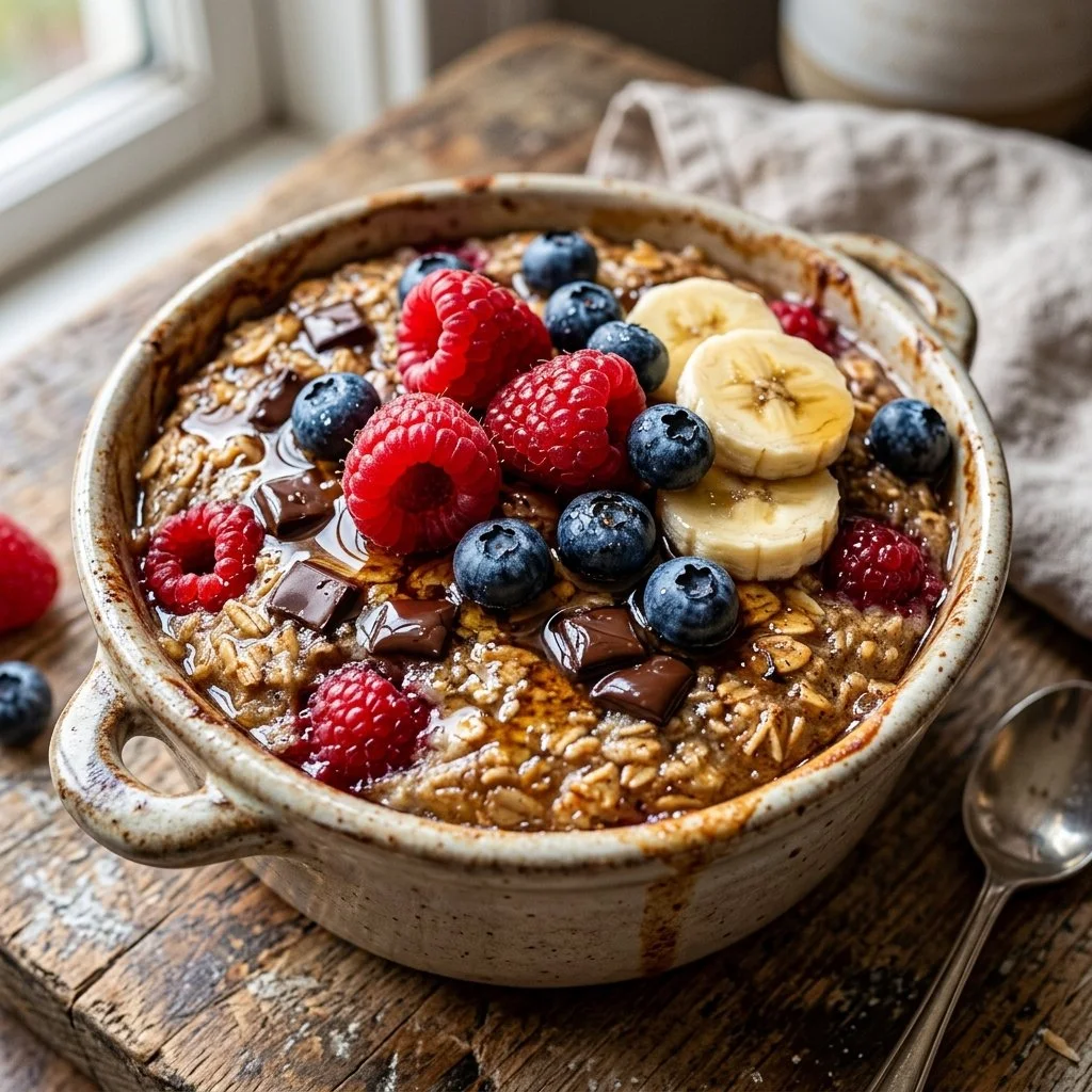 Delicious viral baked oats topped with fresh fruit and nuts.