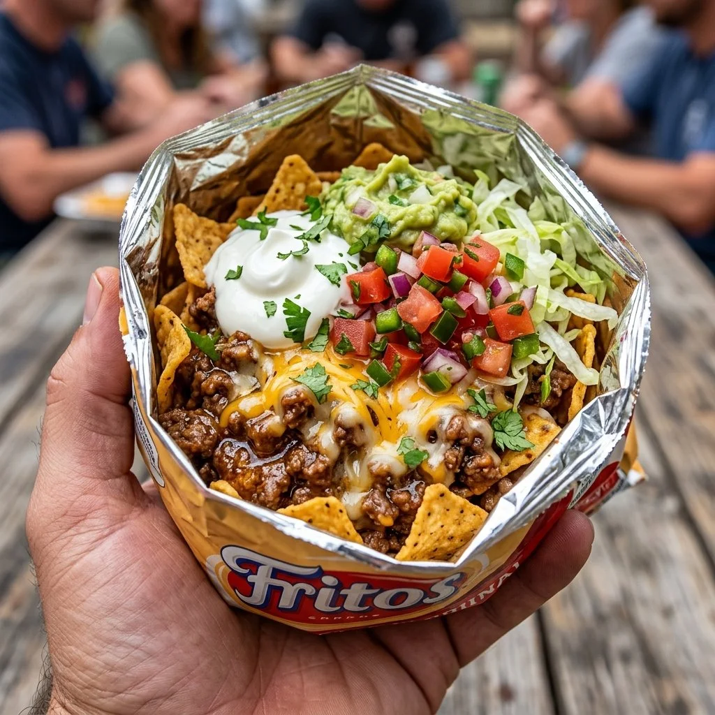 Delicious walking tacos served in a bag with toppings and ingredients.