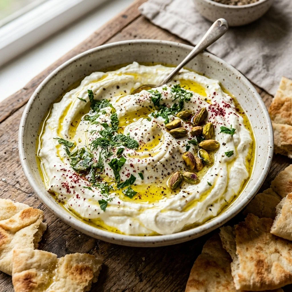 Bowl of whipped feta dip garnished with herbs and served with crackers