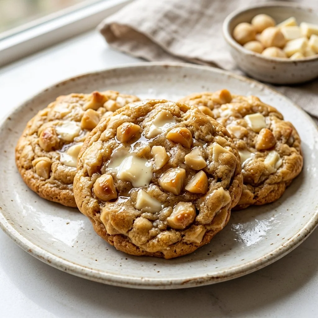 Freshly baked White Chocolate Macadamia Cookies on a cooling rack