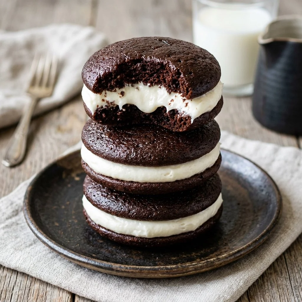 Delicious homemade chocolate whoopie pies filled with creamy frosting.