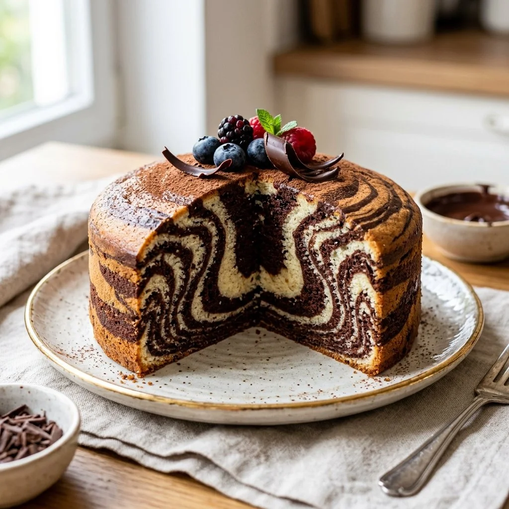 Delicious Zebra Cake with chocolate and vanilla layers