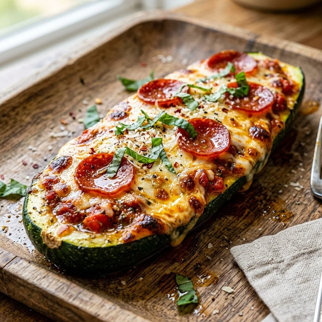 Delicious zucchini boat pizza topped with cheese and fresh ingredients