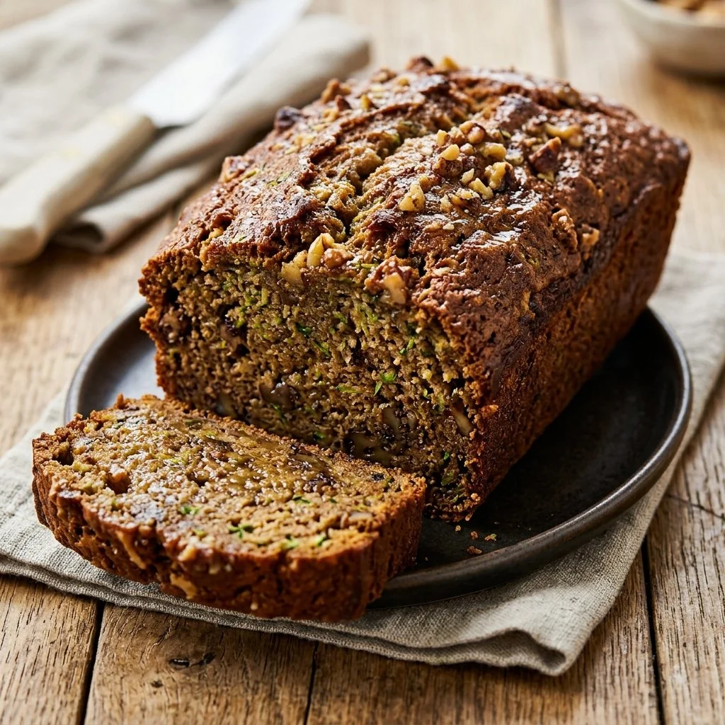 Slice of homemade zucchini bread on a wooden board with fresh zucchini