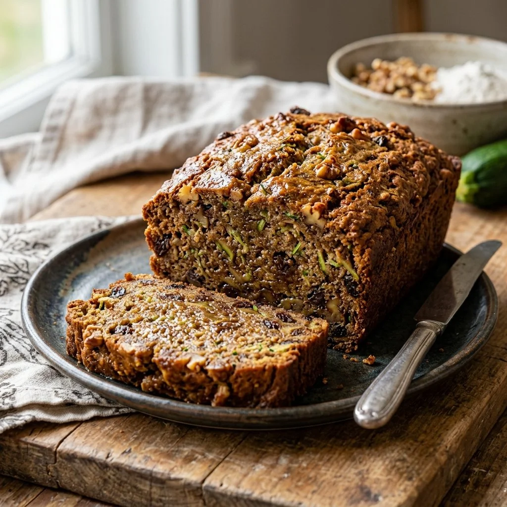 Freshly baked homemade zucchini bread sliced on a wooden cutting board