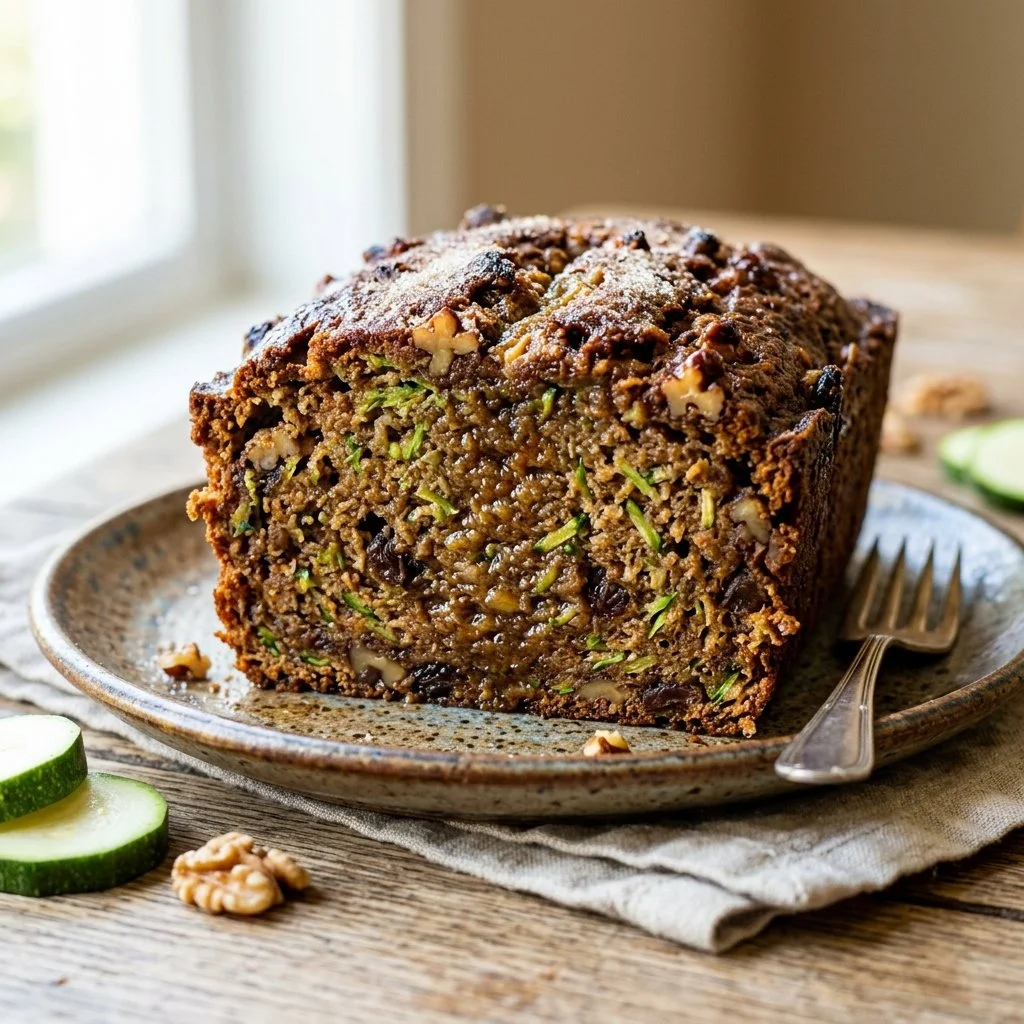 Homemade zucchini bread slice on a wooden table with fresh zucchini