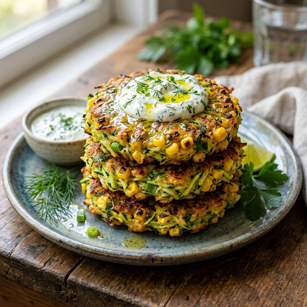 Crispy zucchini corn fritters served on a plate with dipping sauce