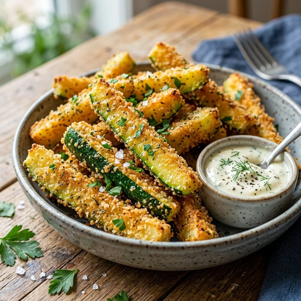 Crispy zucchini fries served with a dipping sauce