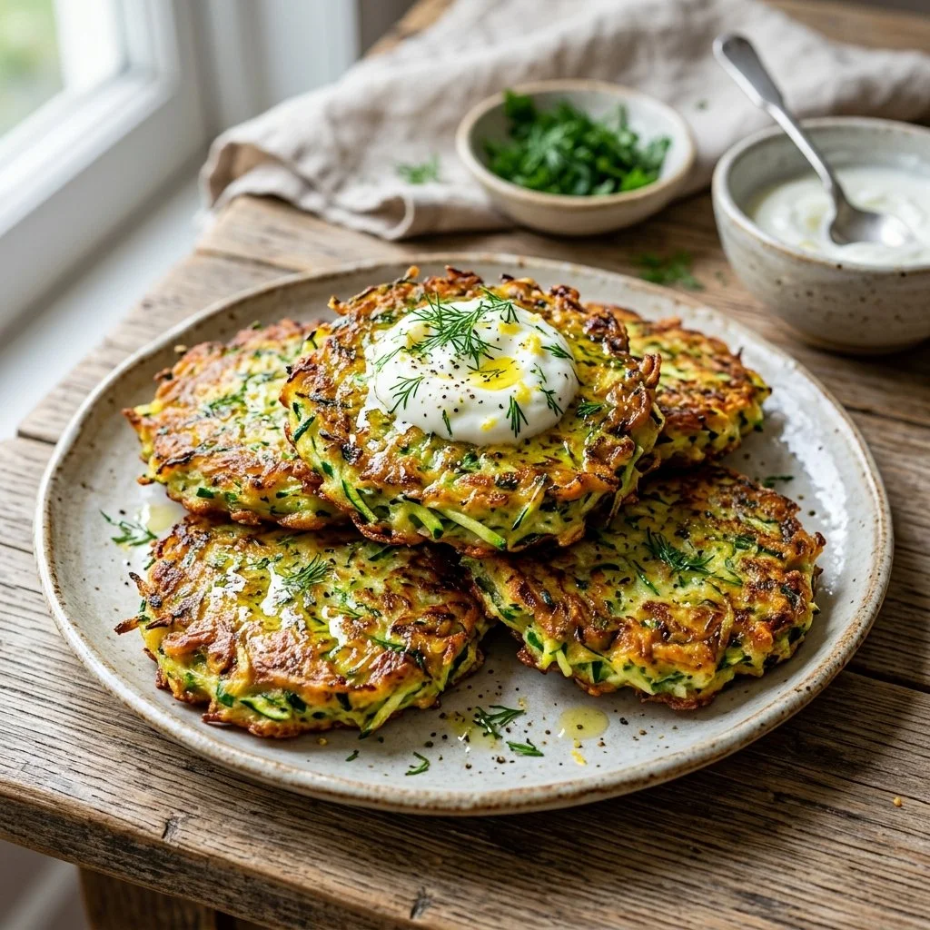 Crispy and delicious zucchini fritters served with dipping sauce